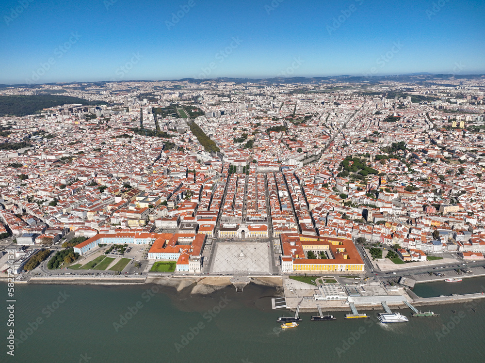 Lisbon Skyline and Cityscape. Tagus River in Foreground, Downtown and Old Town in Background. Portugal. Panorama