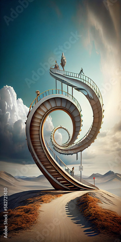 Bent and twisted rails as a concept of unpredictable life made with generative AI