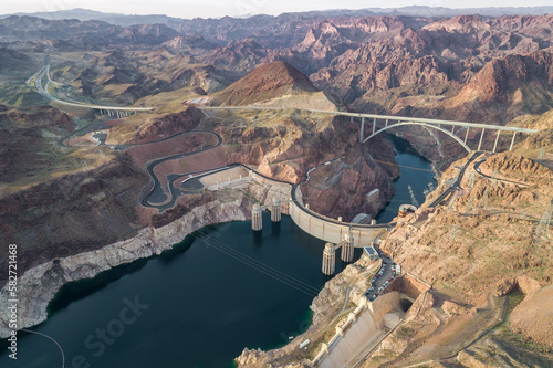 Hoover Dam in Nevada. Mountain and Colorado River in Background. Sightseeing Place. USA