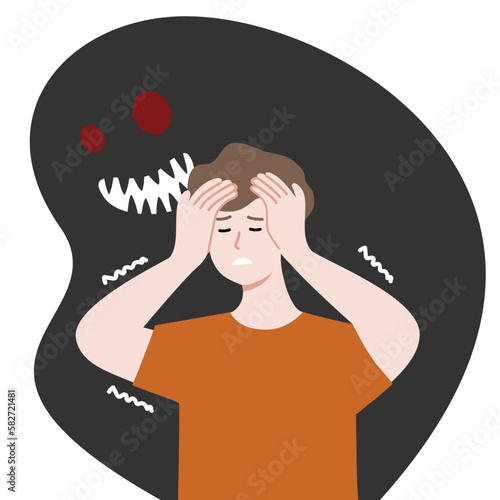 Scared Man with imaginary monster behind. Panic Disorder, mental health, psychological problem concept. Flat character vector design illustration.
