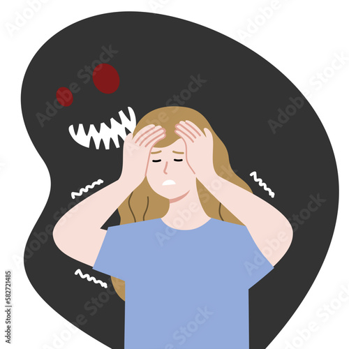Scared Woman with imaginary monster behind. Panic Disorder, mental health, psychological problem concept. Flat character vector design illustration.