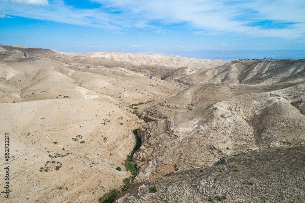 Israel. Prat River. Wadi Qelt valley in the West Bank, originating near Jerusalem and running into the Jordan River near Jericho and the Dead Sea. Nahal Prat, in Judaean Desert. Nature, Landscape