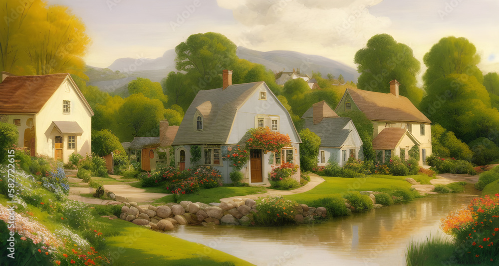 AI Digital Illustration Rural Village Painting AI Digital Illustration Rural Village Painting
