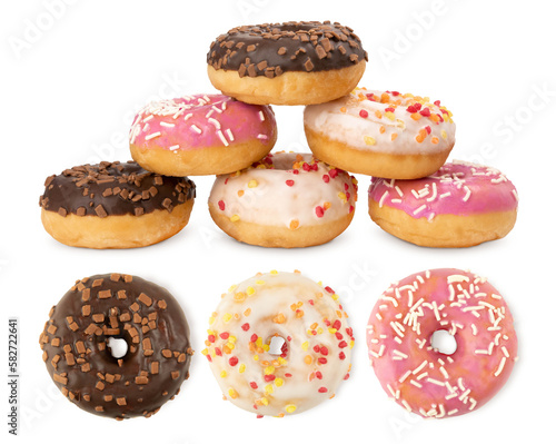 Donuts isolated on white background. White, chocolate and pink donuts.