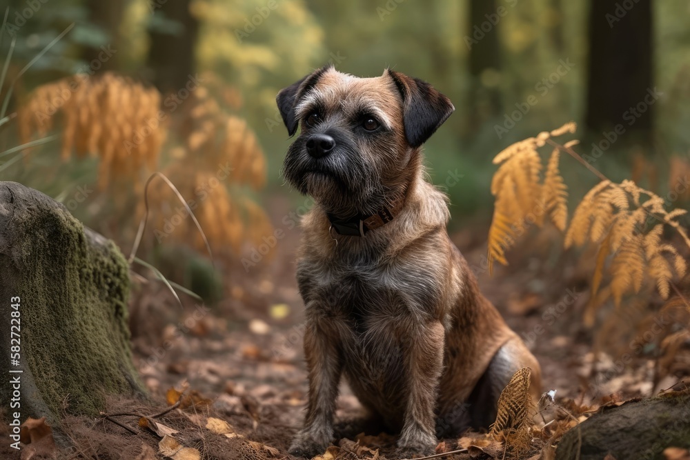 Autumn portrait dog Border Terrier. Generative AI Autumn portrait dog Border Terrier. Generative AI