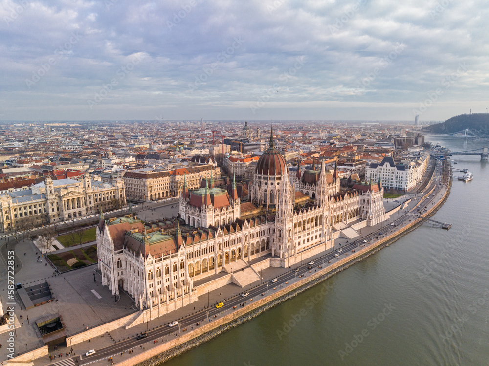 Hungarian Parliament Building in Budapest Cityscape A Bird's Eye View from a Drone Point of View over the Danube River