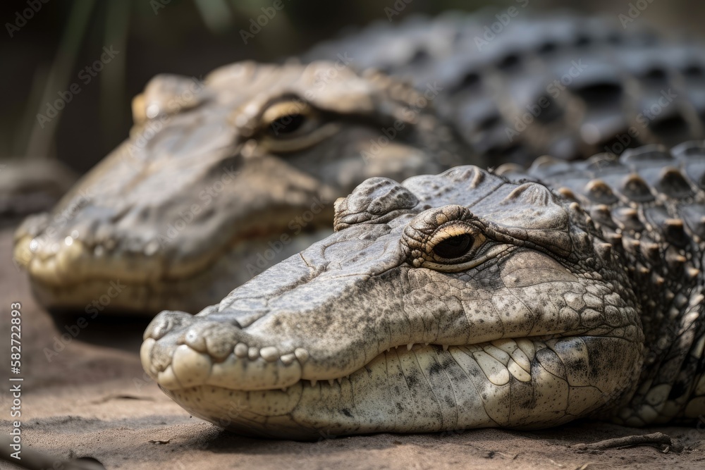 Two Chinese alligators sunbathe. Generative AI Two Chinese alligators sunbathe. Generative AI