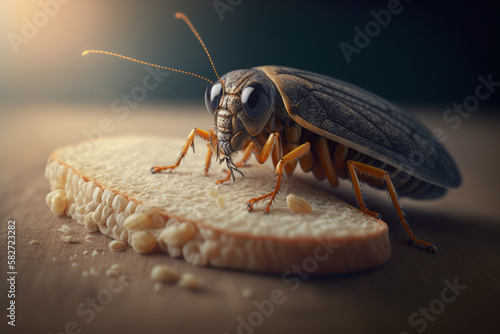 Close-up of cockroach on piece of bread, disgusting insect parasite indoors. Generative ai illustration