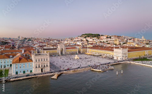 Commerce Square at night in Lisbon, Portugal. Palace Yard, Royal Palace of Ribeira. Drone Point of View © Mindaugas Dulinskas