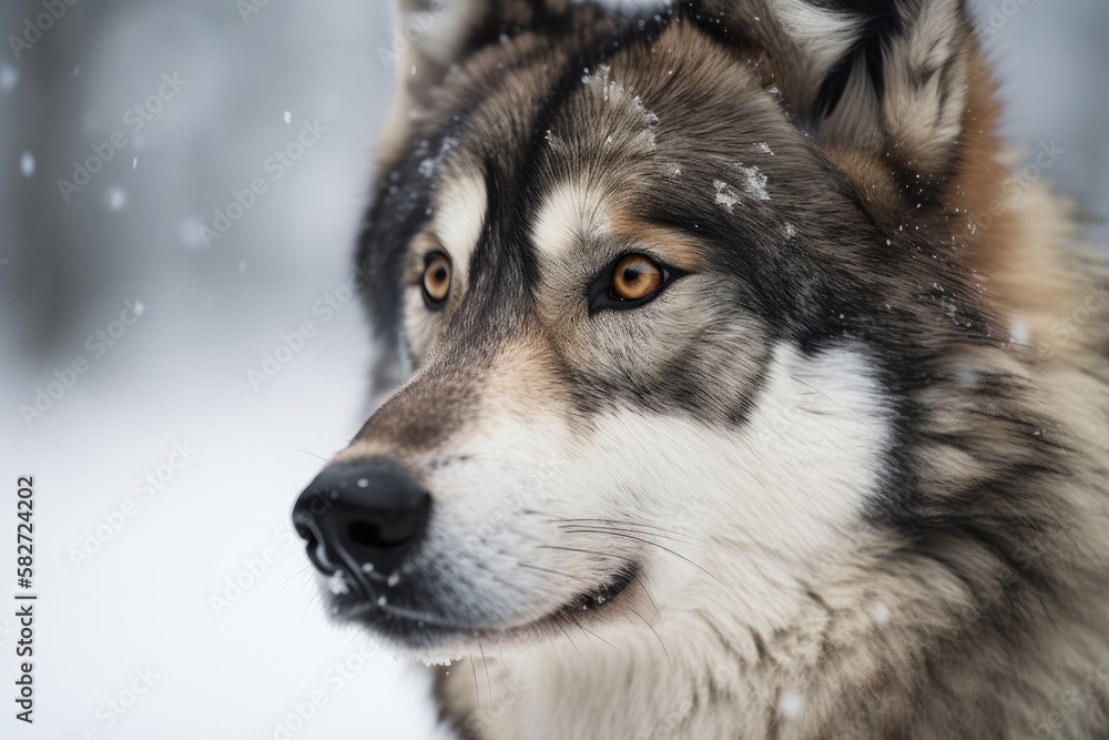 Winter portrait of a timber wolf. Generative AI
