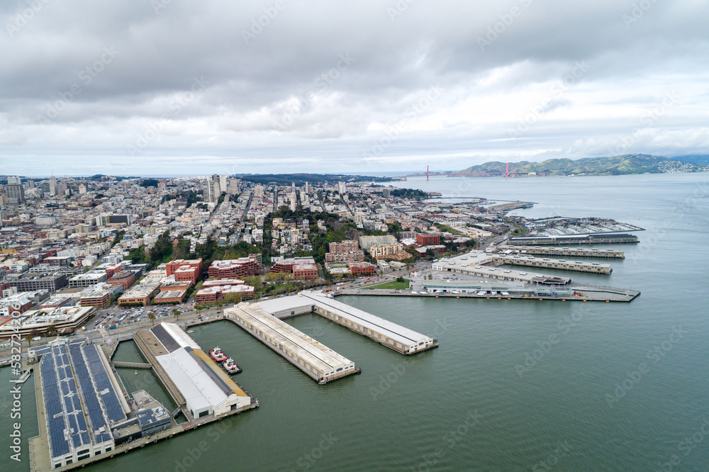 Embarcadero in San Francisco. Pier and Eastern Waterfront and Roadway of the Port of San Francisco, San Francisco, California. USA. Drone