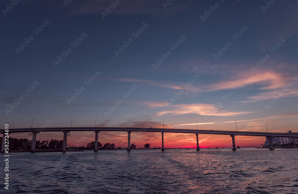 Sunset in Clearwater Beach, Florida. Landscape. Gulf of Mexico. Bridge. USA