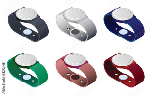 Set of watch. black , white , blue , green and red watches. wearable isometric composition