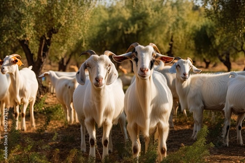 A goat herd is grazing in an orange grove. Generative AI