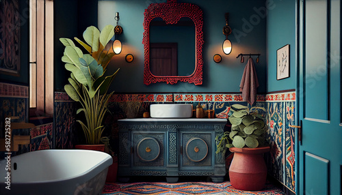 Bohemian Bathroom Mixing Patterns and Textures for a Cozy Vibe Generative Ai