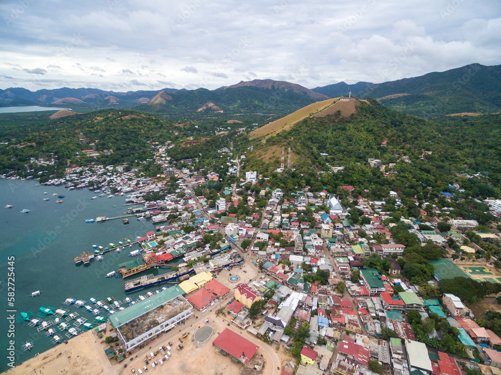Coron Cityscape with Mt. Tapyas Mountain in Background. Palawan, Philippines
