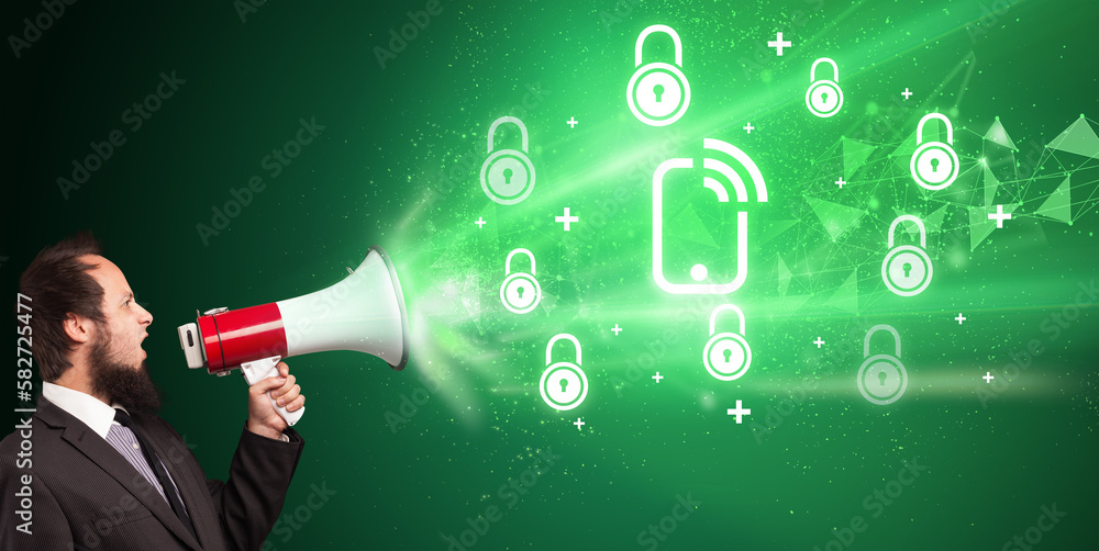 Young person with megaphone and technology related icon Young person with megaphone and technology related icon