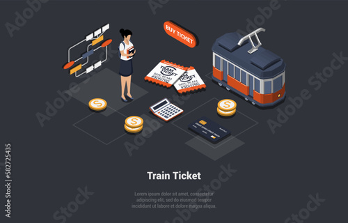 Tram And Train Tickets Concept, Tramlines or Networks Operated. Female Character Buy Tickets Paying By Credit Card. City Public Transport Simplicity and Convenience. Isometric 3d Vector Illustration
