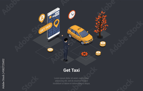 Taxi Order Service Concept. Mobile Phone With Taxi App And Navi Map. Man Trying To Catch Taxi. Taxi Yellow Car and GPS Route Point Pins on Smartphone Touchscreen. Isometric 3d Vector Illustration