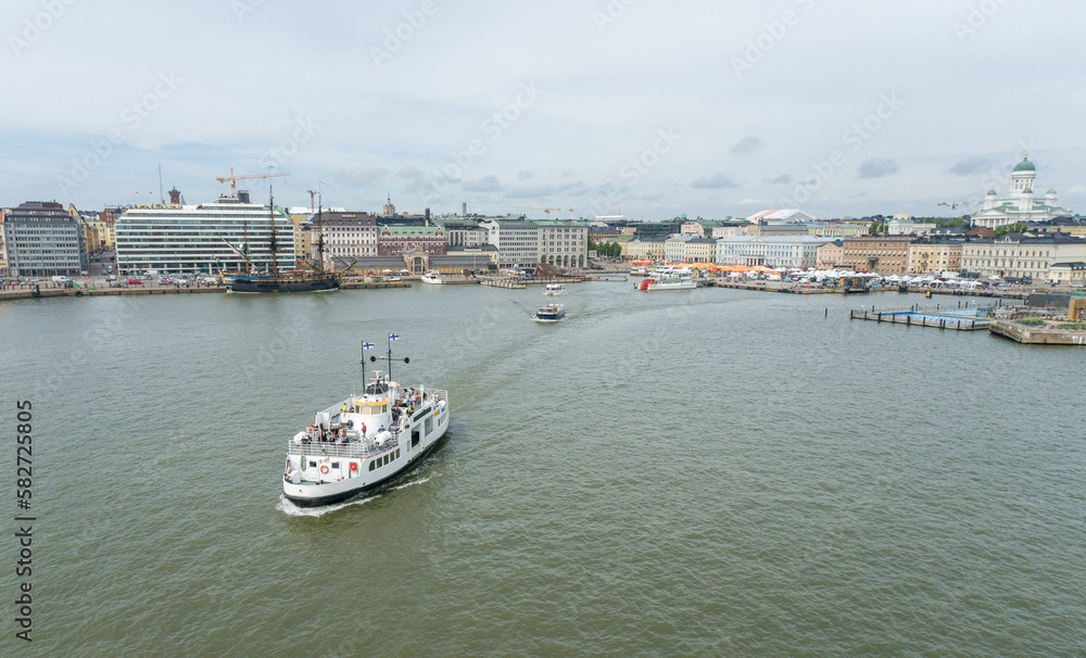 Helsinki City Commuter Ferries. Water Transport in Finland. Drone Point of View.