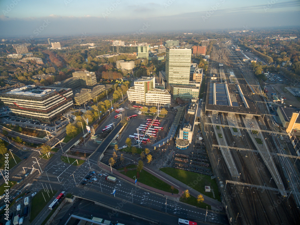 Eindhoven City Cityscape in Netherlands. Drone Point of View