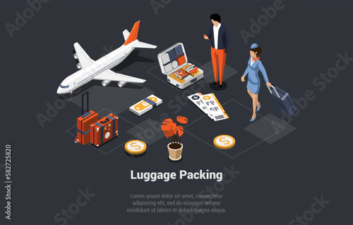 Luggage Pack Concept. Man Packing Suitcase To Go On Or Trip. Boy Packing Clothes, And Other Personal Items Before Flight, Stewardess With Suitcase Gets On a Plane. Isometric 3D Vector Illustration