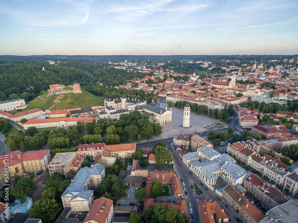 Vilnius Old Town With Cathedral Square and Gediminas Castle in Background. Bell Tower, National Museum of Lithuania and The Old Arsenal in Foreground.