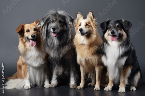 Purebred and mixed breed dogs on a gray backdrop. lovely, long haired. Generative AI