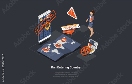 Cancellation Visa Or Trip, Business Woman Got Ban On Entering Country Because Of Sanctions. Economic, Political Sanctions Imposed on Individual Citizen And Countries. Isometric 3d Vector Illustration