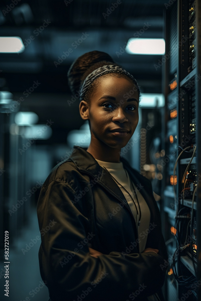 Fototapeta premium Retrato mulher negra especialista engenheira de negócios tecnologia da informação computação engenheira especialista data center banco de dados servidor tecnologia business big data IA Generativa