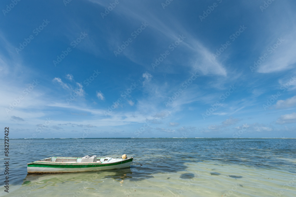 Beach in Seychelles with Ocean Water and Blue Sky with Clouds. Landscape. Low Tide Water. Boats in Background.