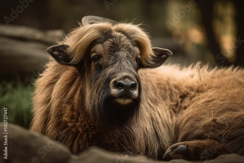 Takin is an artiodactyl mammal from the Polorogi family. Takins enjoy deep thickets in the Eastern Himalayas. Generative AI