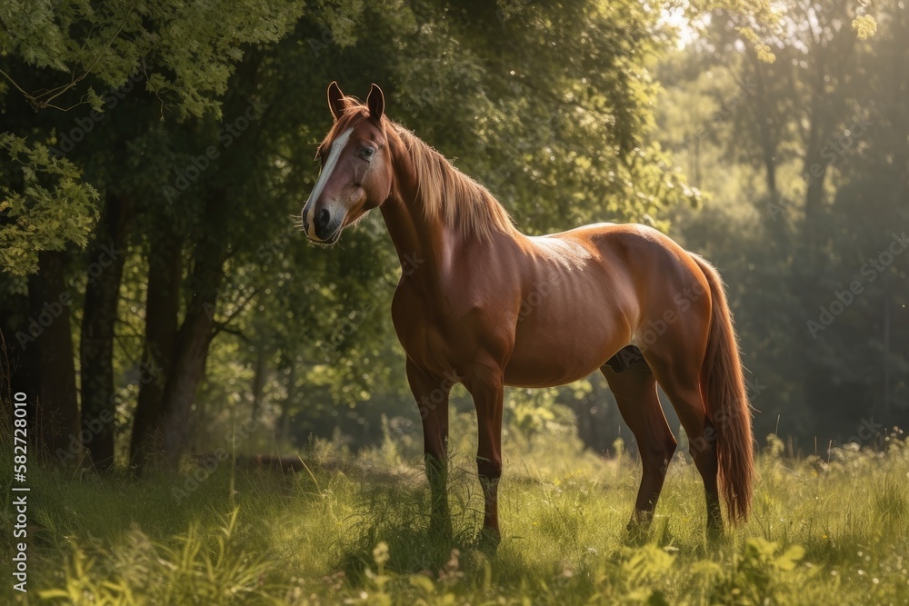 On a sunny day, a lovely horse poses in its meadow. Generative AI On a sunny day, a lovely horse poses in its meadow. Generative AI