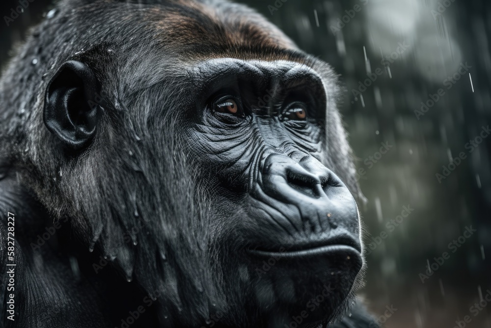 A male gorilla portrait on a cloudy day. Generative AI
