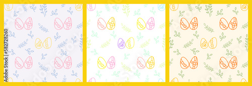 Easter seamless pattern with eggs and flowers. Each pattern is isolated. Cute seamless print for Easter card, wrapping paper, background, etc. Vector set.