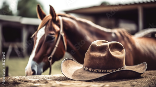 Cowboy hat, horse blurred background, rustic american lifestyle, generative ai