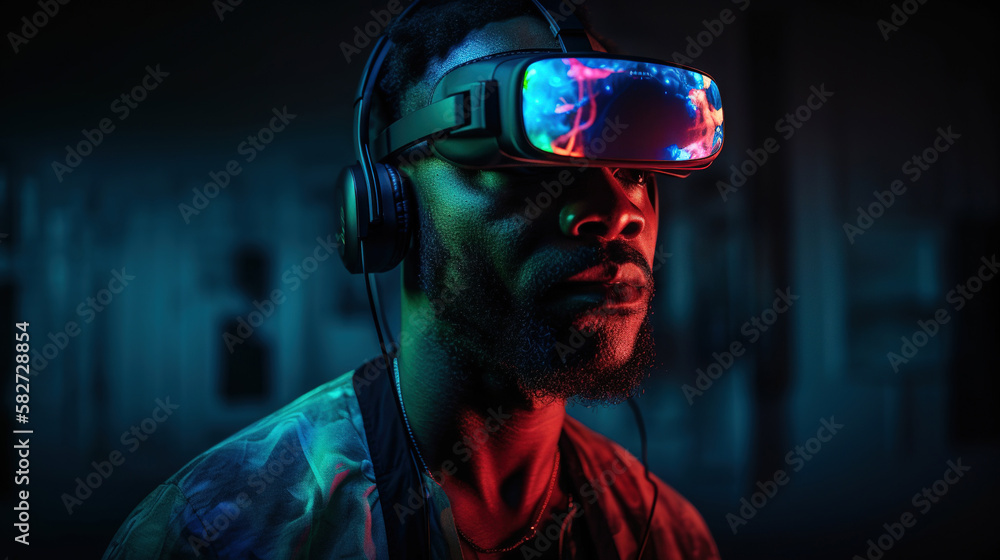 Portrait of African-American man wearing virtual reality headset. Vivid colors neon glowing HMD generative ai Portrait of African-American man wearing virtual reality headset. Vivid colors neon glowing HMD generative ai