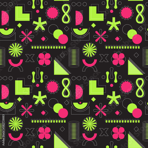 Bright pink and green neon acidic seamless pattern. Abstract geometric shapes, bold, linear objects. Brutalism, retro futurism style. For web design, posters, covers. Vector illustration on black.