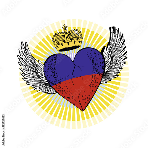 T-shirt design of a winged heart with the colors of the flag of the Principality of Lichtenstein isolated on white
