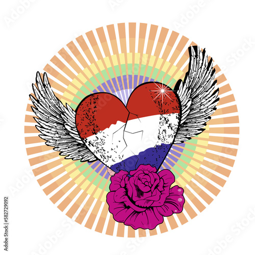 T-shirt design of a winged heart with the colors of the flag of the Netherlands and a pink flower. Vector illustration for gay pride day.