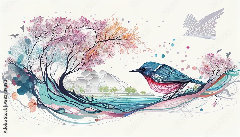 Sakura, cherry blossoms, bird, colorful, peaceful, Generative AI