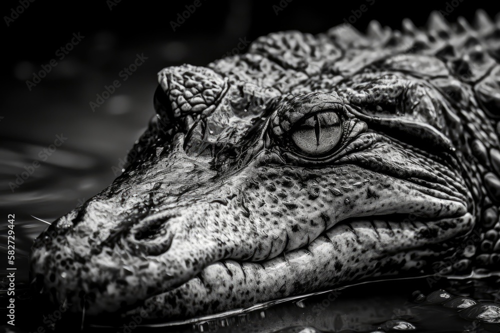 Aligator's stare from the river, black and white. Generative AI Aligator's stare from the river, black and white. Generative AI
