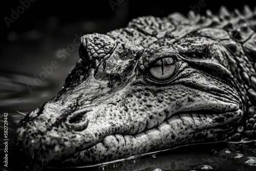 Aligator s stare from the river  black and white. Generative AI