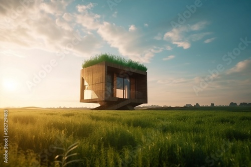 Wooden modern house with grass on the roof © Patrycja