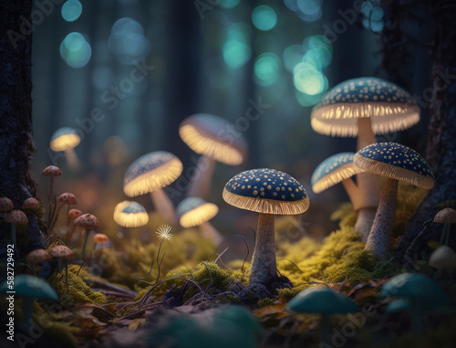 Fantasy mushroom landscape in the forest created with Generative AI technology