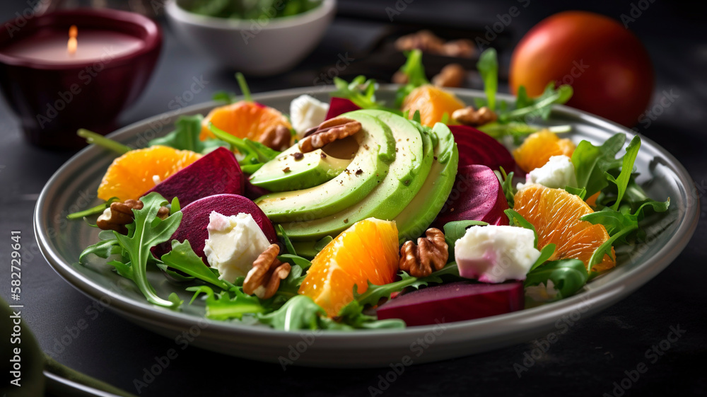 Delicious and Healthy Arugula Salad with Mozzarella, Avocado, Beetroot, Walnuts, and Oranges - A Perfect Meal for Any Occasion! Delicious and Healthy Arugula Salad with Mozzarella, Avocado, Beetroot, Walnuts, and Oranges - A Perfect Meal for Any Occasion!