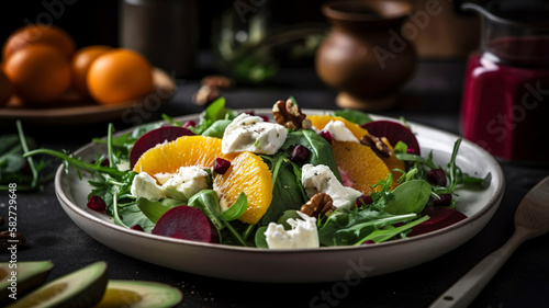 Colorful Arugula Salad with Mozzarella, Avocado, Beetroot, Walnuts, and Oranges - Healthy, Delicious, and Nutritious!