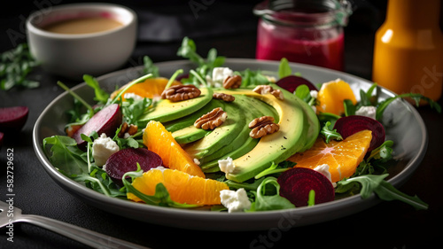 Nutritious Arugula Salad with Mozzarella, Avocado, Beetroot, Walnuts, and Oranges - Perfect for a Light and Healthy Lunch or Dinner!