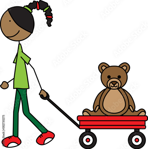 Happy girl pulling wagon with teddy bear