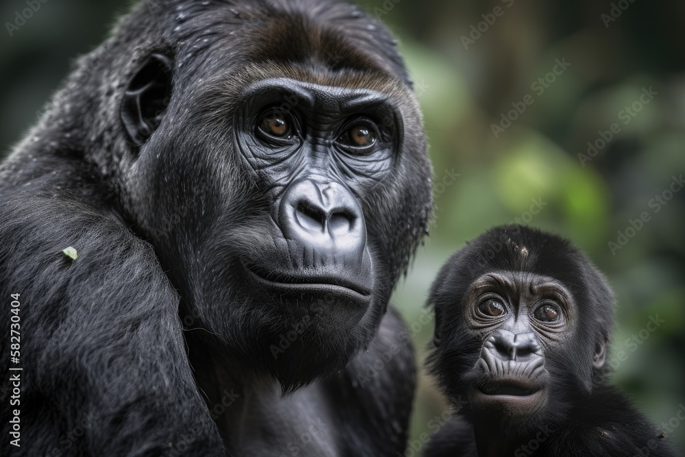 A photograph shows a huge female, dark furred gorilla mother with her kid. Gorillas are herbivorous apes and the largest surviving primates that live in the woods of central Sub Saharan Africa